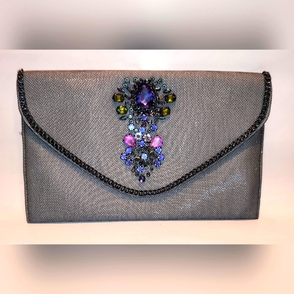 Kate Landry Jeweled Embellished Silver Metallic Shoulder or Clutch Bag
